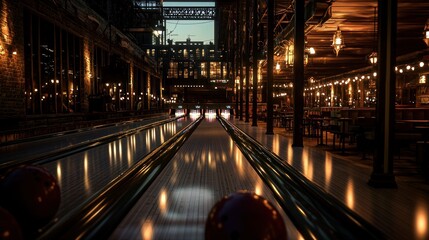 Bowling alley at dusk with vibrant lighting, polished lanes, and a lively bar in the background