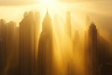 Fototapeta premium Golden Sunrise Illuminates Hazy Cityscape Description of image. Urban City View. Golden Hour