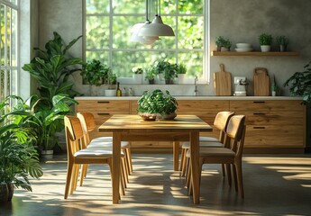 Scandinavian Style Modern Kitchen Interior with Natural Lighting and Green Plants