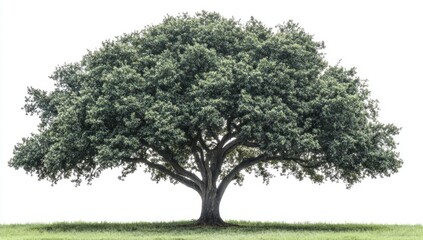 Fototapeta premium isolated majestic tree with dense foliage on green grass casting long shadows under a clear sunny sky
