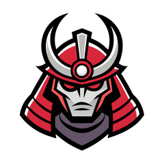 Samurai Helmet Vector Illustration, A bold vector illustration of a samurai warrior's helmet with intricate details, showcasing a red and silver design.
