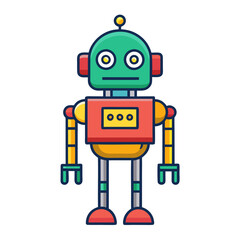 Cartoon Robot Vector Illustration, A colorful cartoon robot vector with a playful design, featuring big eyes and a boxy body structure.
