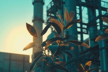 Green Foliage And Industrial Sunset Viewpoint Description Of Plants During Sunset In Backdrop Of