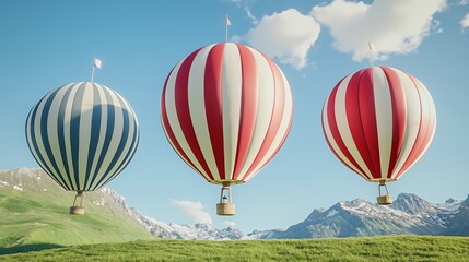 Obraz premium Three Striped Hot Air Balloons Ascending Over Verdant Mountains