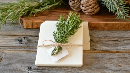 Natural Rustic Greeting Card with Fresh Green Sprig and Pinecones on Wooden Table Surface