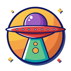 Vector UFO Icon with Vibrant Colors, A vector illustration of a colorful UFO with a futuristic design, featuring a purple dome and bold geometric shapes.
