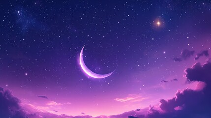 A Crescent Moon Shines Brightly Amidst a Starry Night Sky