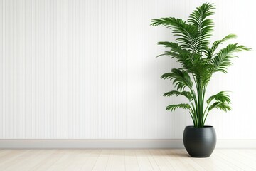 Fototapeta premium Green Plant In Dark Pot Against White Panel Wall