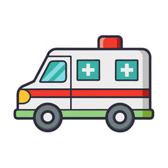 Emergency Medical Ambulance Vector Illustration, A colorful vector illustration of an emergency medical ambulance with flashing lights and a red cross symbol, used for healthcare and rescue.
