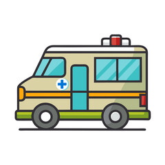 Emergency Medical Ambulance Vector Illustration, A colorful vector illustration of an emergency medical ambulance with flashing lights and a red cross symbol, used for healthcare and rescue.
