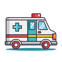 Emergency Medical Ambulance Vector Illustration, A colorful vector illustration of an emergency medical ambulance with flashing lights and a red cross symbol, used for healthcare and rescue.
