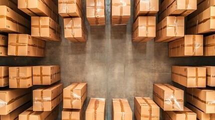 Warehouse action organized delivery boxes industrial setting aerial view of packed shipping supplies