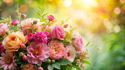A vibrant bouquet of pastel roses, dahlias, and other blossoms bathed in warm sunlight, creating a cheerful and romantic floral arrangement perfect for any celebration