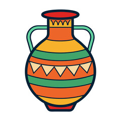Colorful Ancient Pottery Vase Vector Illustration, A vibrant vector illustration of an ancient pottery vase with colorful striped patterns and decorative triangular motifs.
