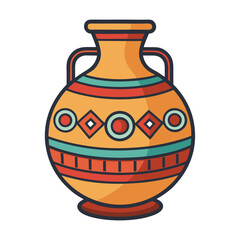 Geometric Ancient Pottery Vector Illustration, A vibrant vector illustration of an ancient pottery jar featuring geometric patterns and circular motifs in rich colors.
