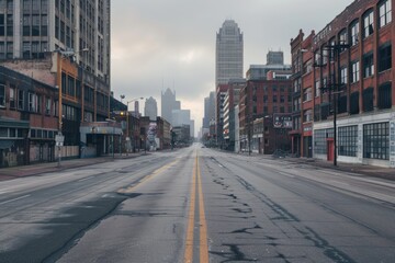 Empty Street View of Downtown Detroit, Urban Cityscape with Architecture and Buildings