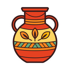 Decorative Ancient Pottery Vector Illustration, A colorful vector illustration of an ancient pottery jar with leaf motifs and vibrant geometric patterns, showcasing traditional craftsmanship.
