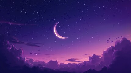 A crescent moon shining above a dark purple night sky