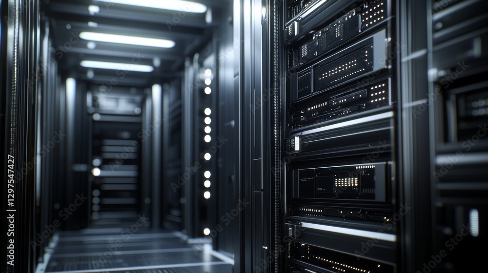 Poster modern data center interior with server racks and rows of equipment in a high-tech environment for i