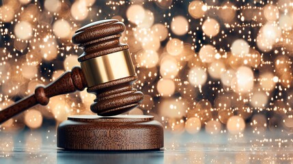 Judicial action gavel courtroom legal illustration sparkling background close-up perspective justice concept