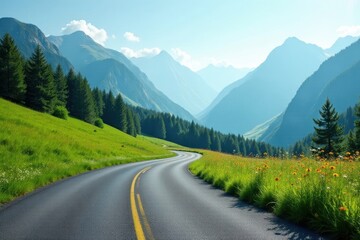 Fototapeta premium A Winding Asphalt Road Through Lush Green Meadows and Majestic Mountains on a Sunny Day