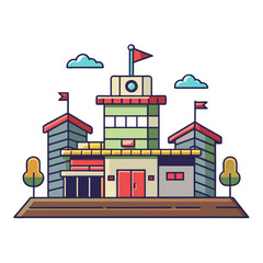 Vector Illustration of a Modern Building with Flags, A colorful vector illustration of a modern building with flags, windows, and trees in a cityscape setting.

