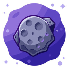 Vector Illustration of a Cratered Space Asteroid, A vector illustration of a gray asteroid with large craters, floating in a purple cosmic space.
