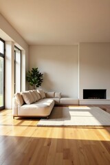 Fototapeta premium Modern Minimalist Living Room Design Featuring a Cream Sectional Sofa, Hardwood Floors, and a Built-in Fireplace