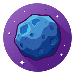 Vector Illustration of a Blue Space Asteroid, A vibrant vector illustration of a blue space asteroid with craters, set against a purple cosmic backdrop.
