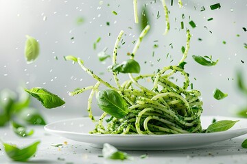 Splash and Levitation of Delicious Green Pasta Dish with Pesto Sauce and Fresh Herbs