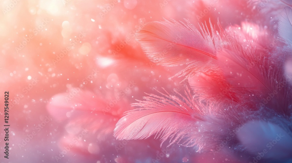 Poster pastel feathers floating in soft gradient background with impressionist style