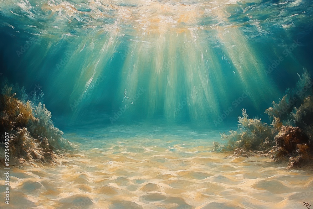 Poster serene underwater scene with light rays and soft blue turquoise patterns