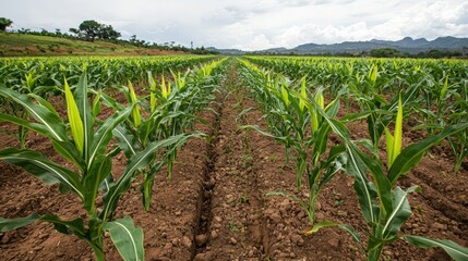 Fototapeta premium Expansive Field of Young Corn Plants Under Bright Sky