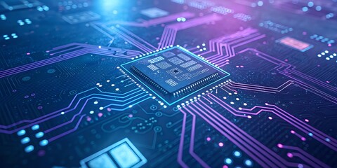 Fototapeta premium Abstract Circuit Board Futuristic Technology Background Wallpaper - blue and purple circuit board
