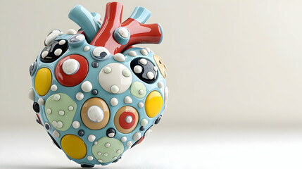 Naklejka premium Colorful ceramic sculpture of a human heart decorated with vibrant polka dots stands in a bright studio setting.