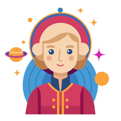 Female astronaut with cosmic background vector illustration, Vector illustration of a female astronaut wearing a space suit, surrounded by planets, stars, and cosmic elements, symbolizing space explor