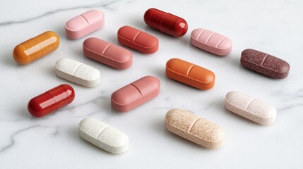 Various High-Resolution Vitamin Supplements on Marble Surface