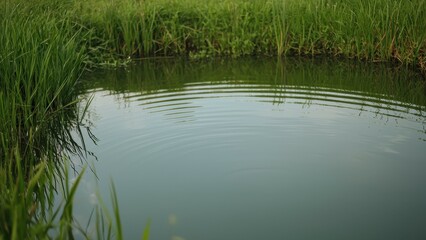 Obraz premium A serene pond surrounded by lush green grass, with gentle ripples in the water reflecting the tranquility of nature.