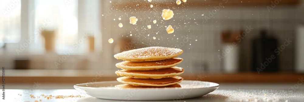 Aufkleber fluffy pancakes stacked high with powdered sugar falling in a bright kitchen setting during morning 