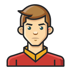 Male Character Avatar Vector Illustration, A vector illustration of a young male character with short brown hair, wearing a red shirt with a yellow collar, ideal for digital use.
