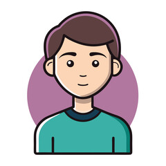 Male Character Avatar Vector Illustration, A vector illustration of a young male character with short brown hair, wearing a green shirt, set against a purple circular background.
