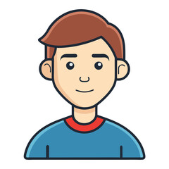Male Character Avatar Vector Illustration, A vector illustration of a young male character with short brown hair, wearing a blue shirt with a red collar, perfect for digital designs.
