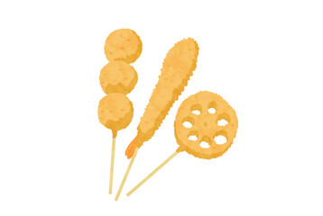 手描き風うずらとエビと蓮根の串カツのイラスト
