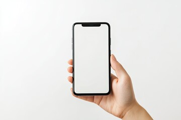 High Resolution Image of Hand Holds Black Smartphone with Blank Screen Against White Background