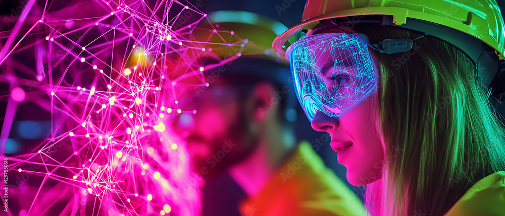 Poster exploring technology innovations in science lab interactive visuals futuristic environment close-up 