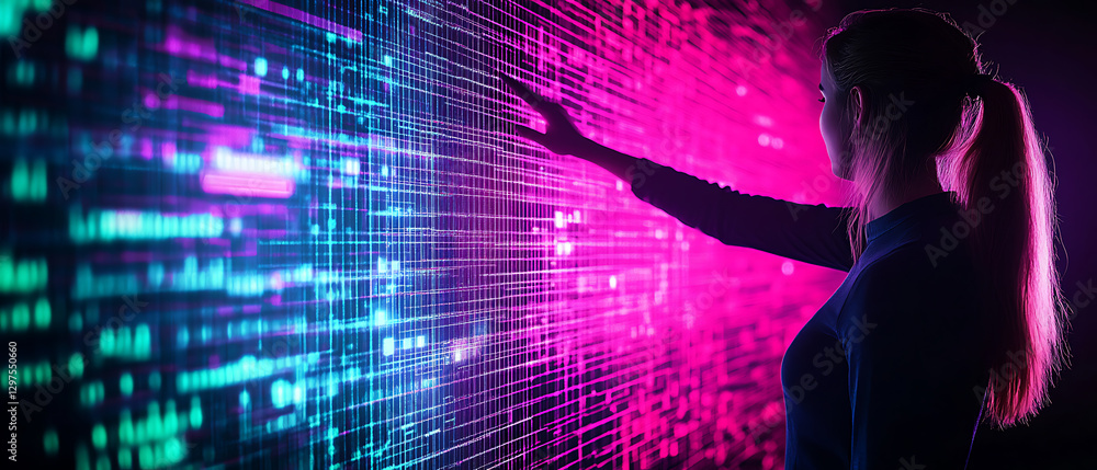 Poster interacting with data streams futuristic lab digital art cyber environment side view technology expl