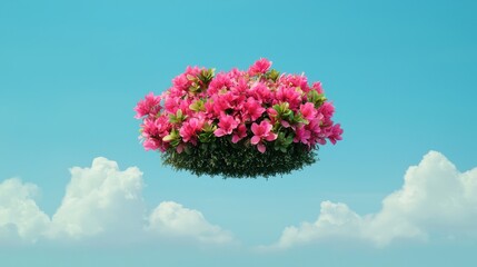 Obraz premium A vibrant cloud of pink flowers floats against a clear blue sky, creating a whimsical and surreal atmosphere.