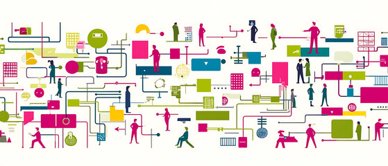 Fototapeta premium Dynamic business interactions modern workspace infographic design abstract environment top-down view visual communication