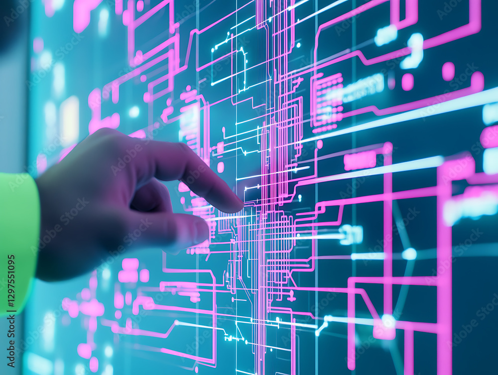 Poster interactive technology display featuring circuit design modern office digital art high-tech environm