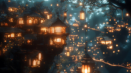 Fototapeta premium Enchanted Night Village with Glowing Lanterns and Dark Blue Sky